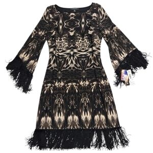 R&M Richards Black Brown White Fringe Dress Size 10 NWT